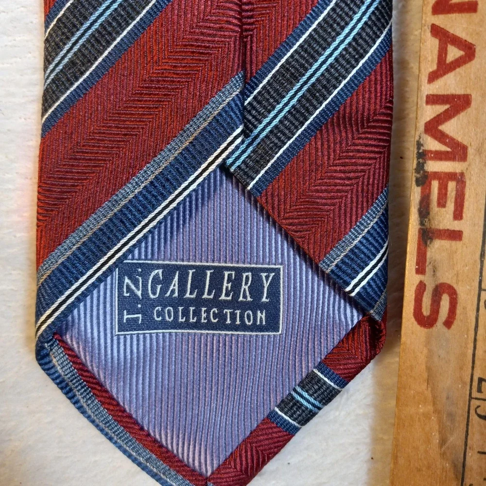 JZ Gallery Collection Striped SILK Tie Red blue grey ALL SILK-HAND MADE IN U.S.A